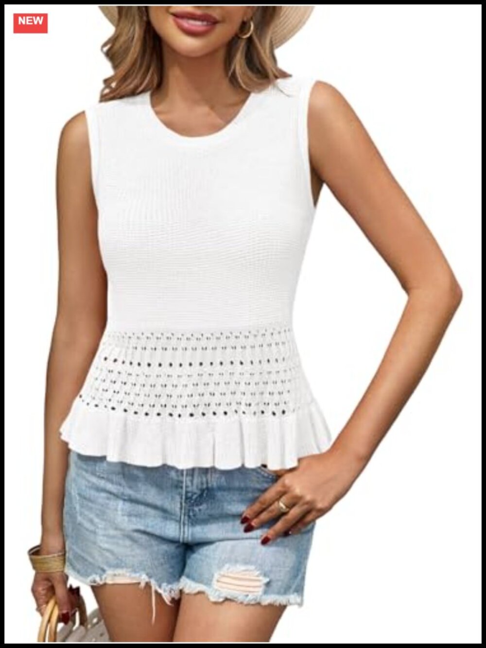 Crochet Knit Sweater Tank Top Ruffle Hem Sleeveless Vest